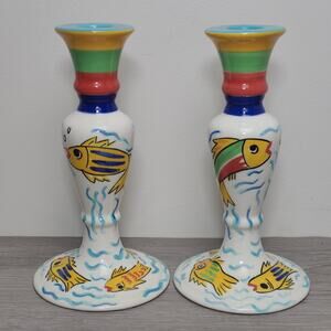 Strata Group Les Tropiques Hand Painted 8" Candlesticks Fish Multicolor Set